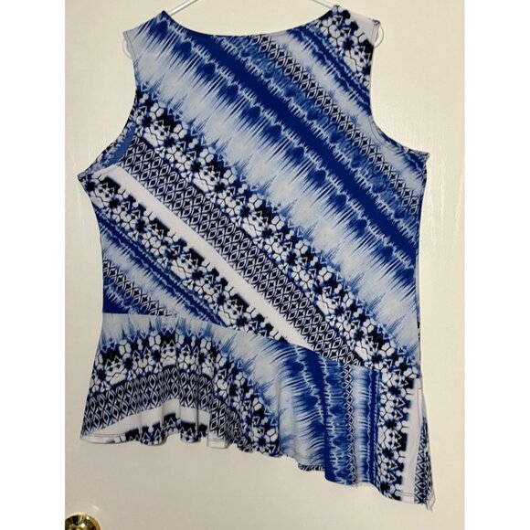 Blue & White Sleeveless Dana Buchman Women's Top XL Geometric Asymmetrical Hem - Picture 2 of 5
